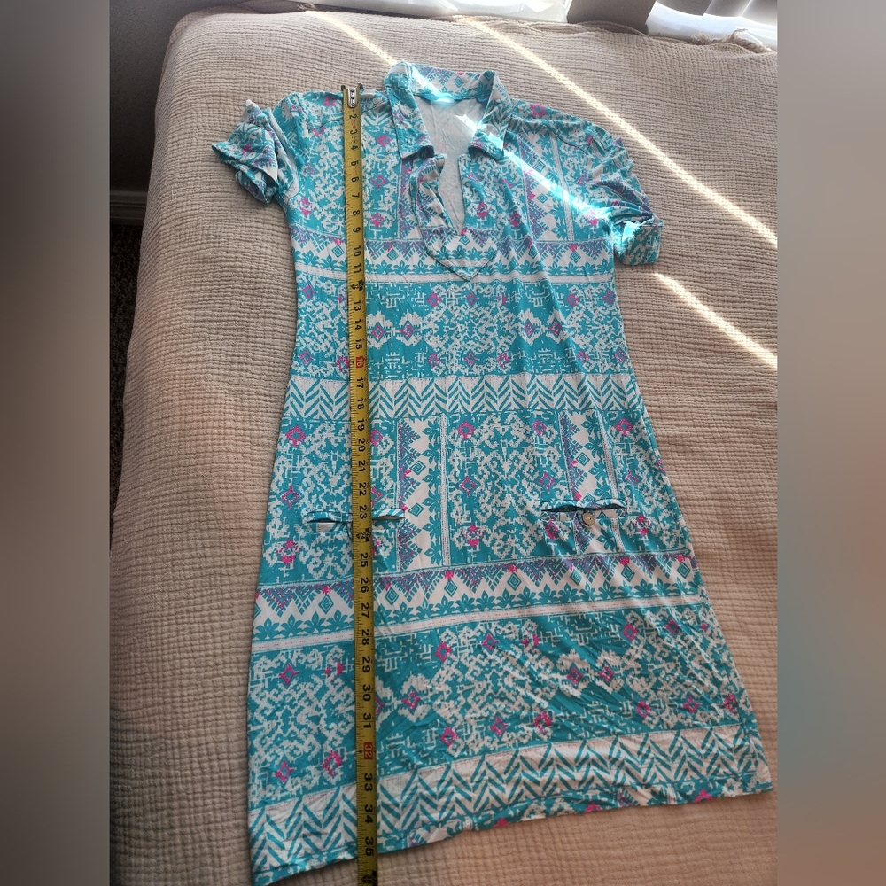 Tori Richard Teal and White Patterned Midi Dress